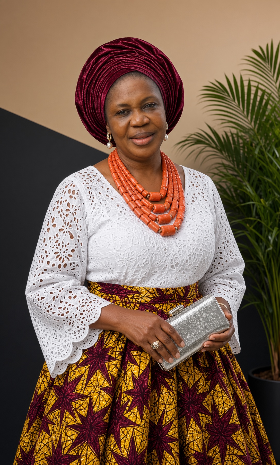 Victoria in traditional attire with coral beads and a burgundy gele
